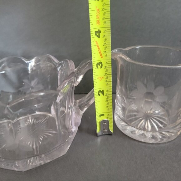 Vintage Clear Glass Sugar Bowl & Creamer Set With Etched Floral Design - Picture 7 of 7